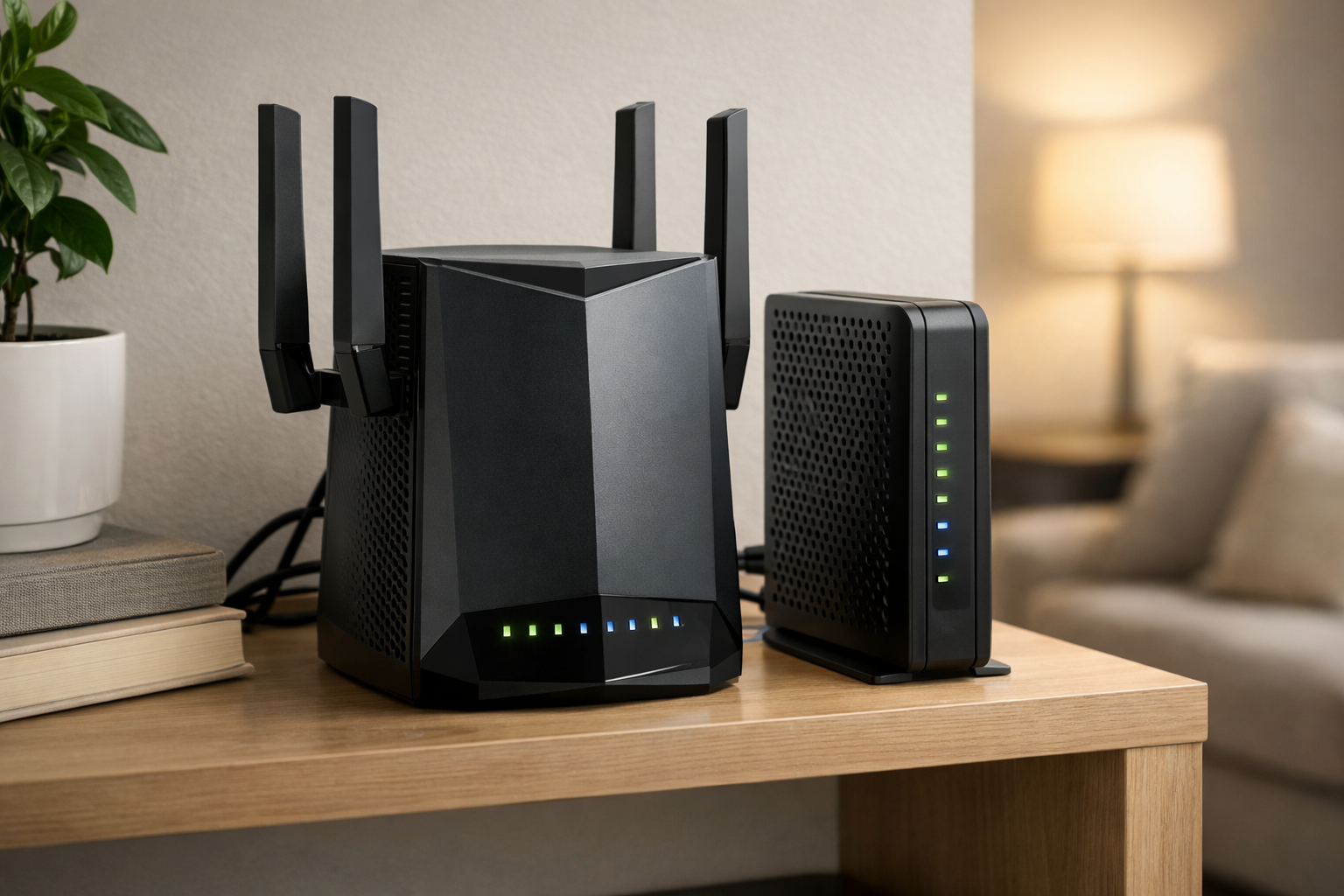 Editorial illustration of a home Wi-Fi router and modem setup