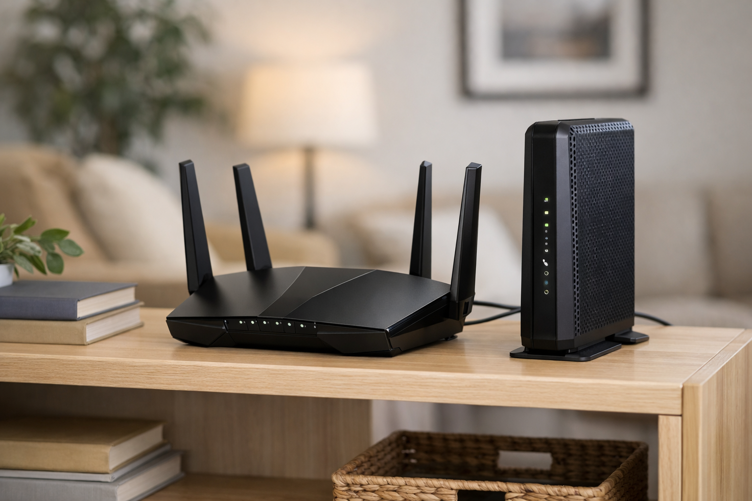 Editorial illustration of a home Wi-Fi router and modem setup