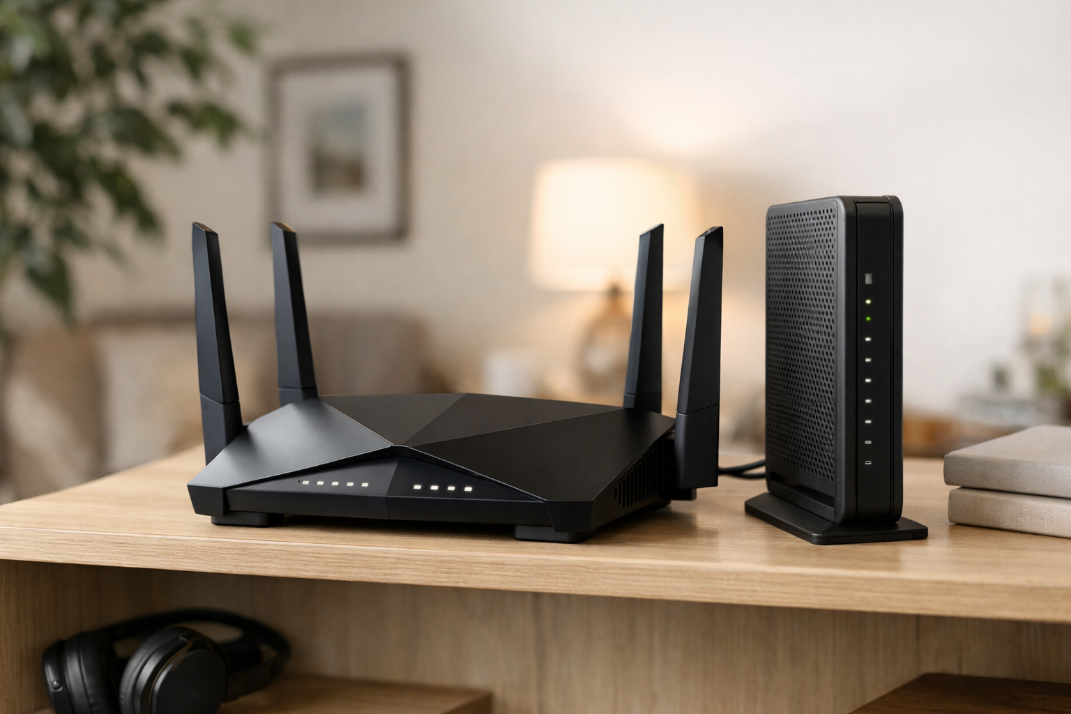 Editorial illustration of a home Wi-Fi router and modem setup