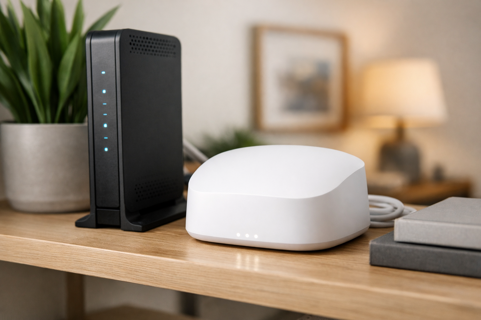 Editorial illustration of a home Wi-Fi router and modem setup