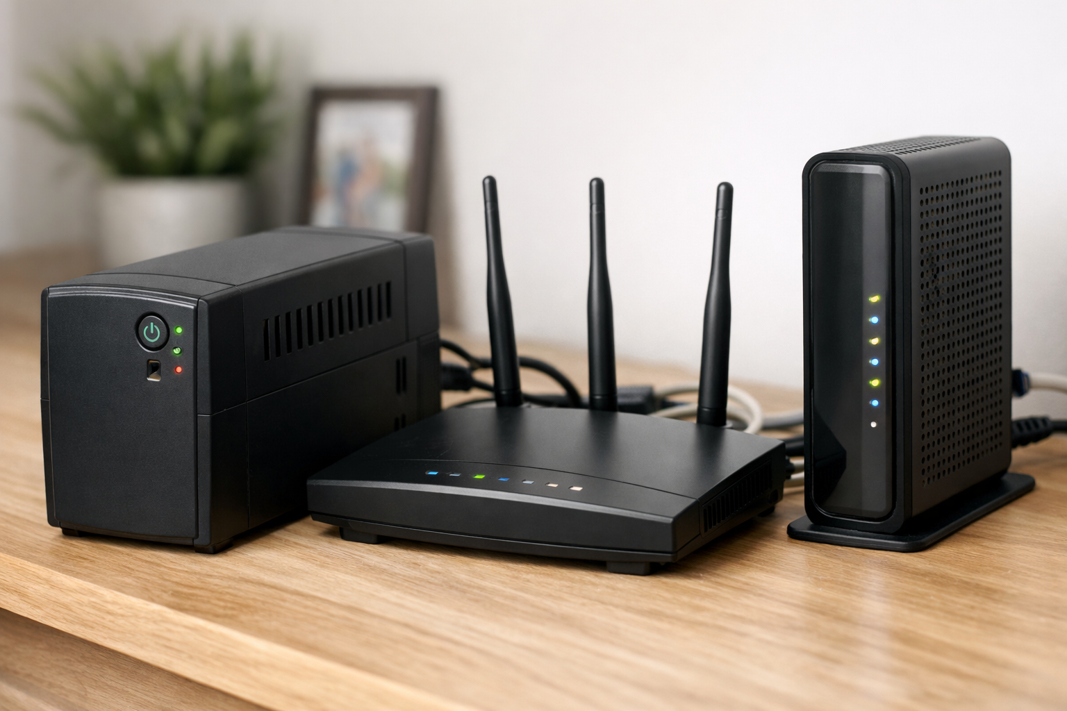 Editorial illustration of a compact UPS battery backup used with a home router and modem
