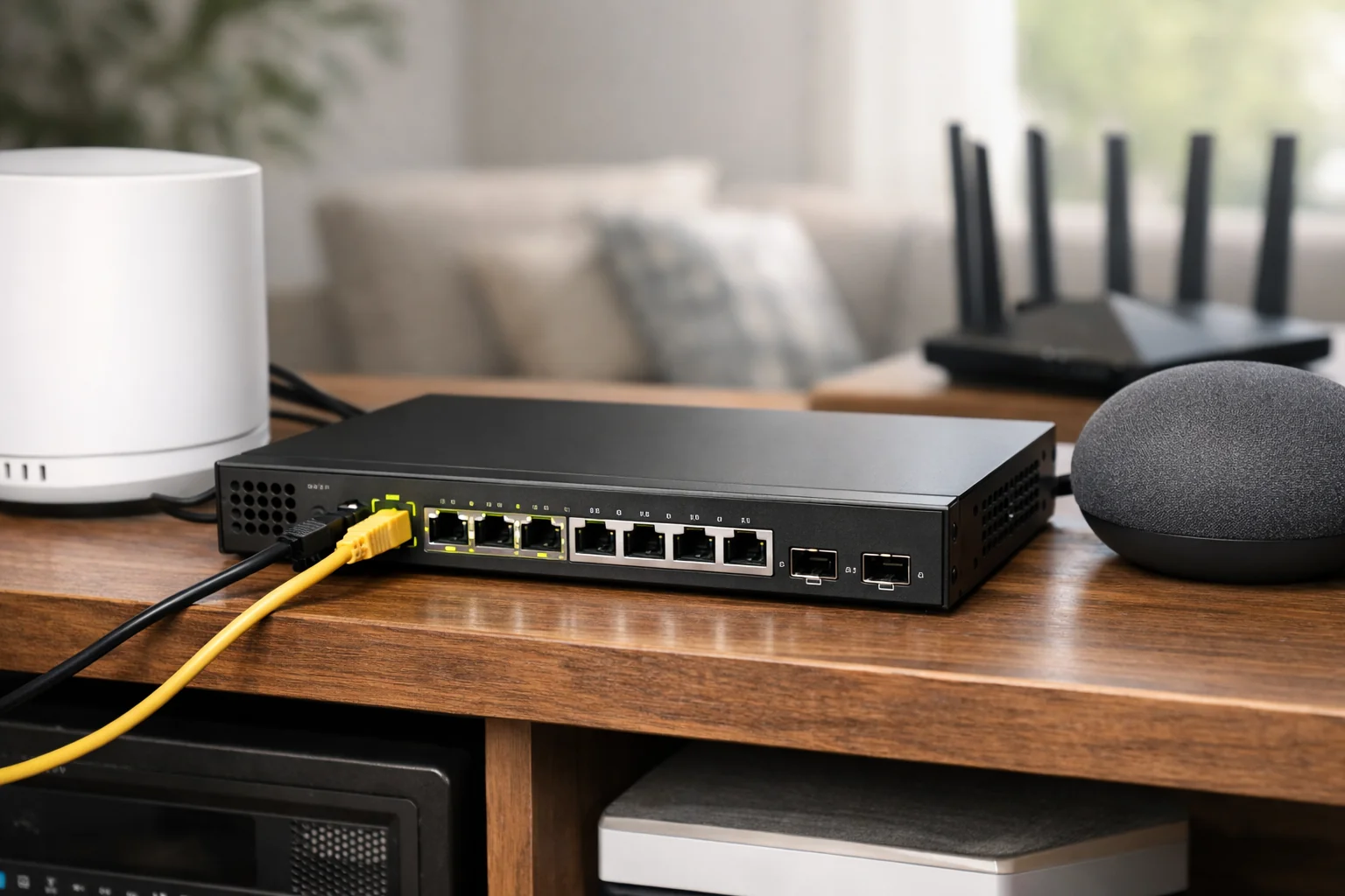 Editorial illustration of a generic home technology setup