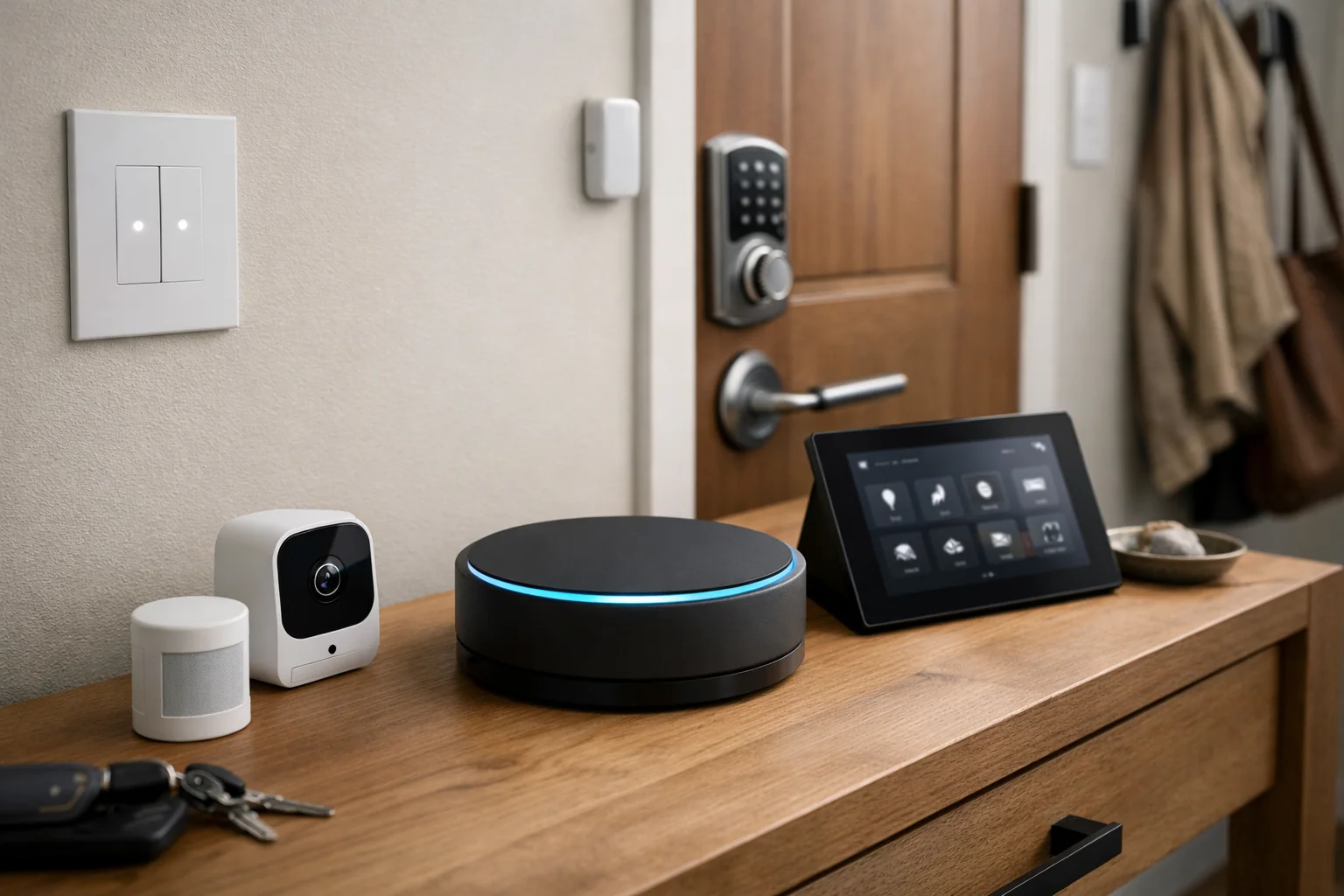 Editorial illustration of home security devices in a residential entryway