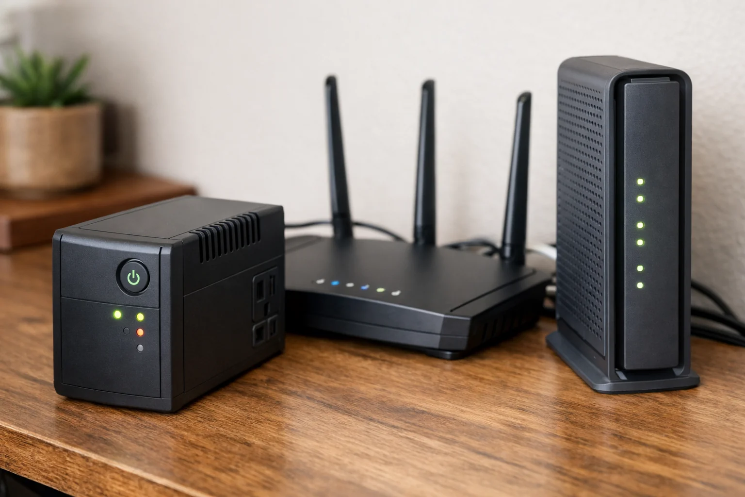 Editorial illustration of a compact UPS battery backup used with a home router and modem