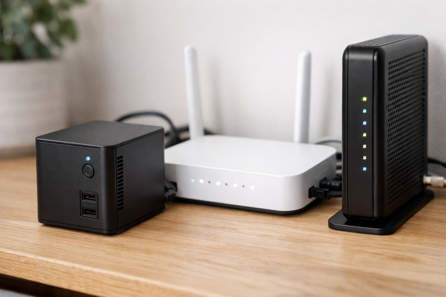 Editorial illustration of a compact UPS battery backup used with a home router and modem