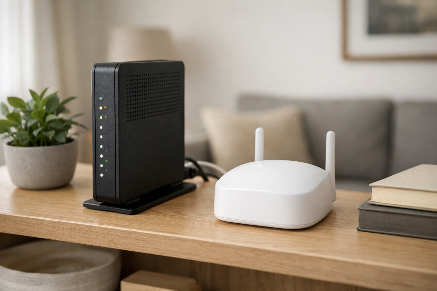 Editorial illustration of a home Wi-Fi router and modem setup