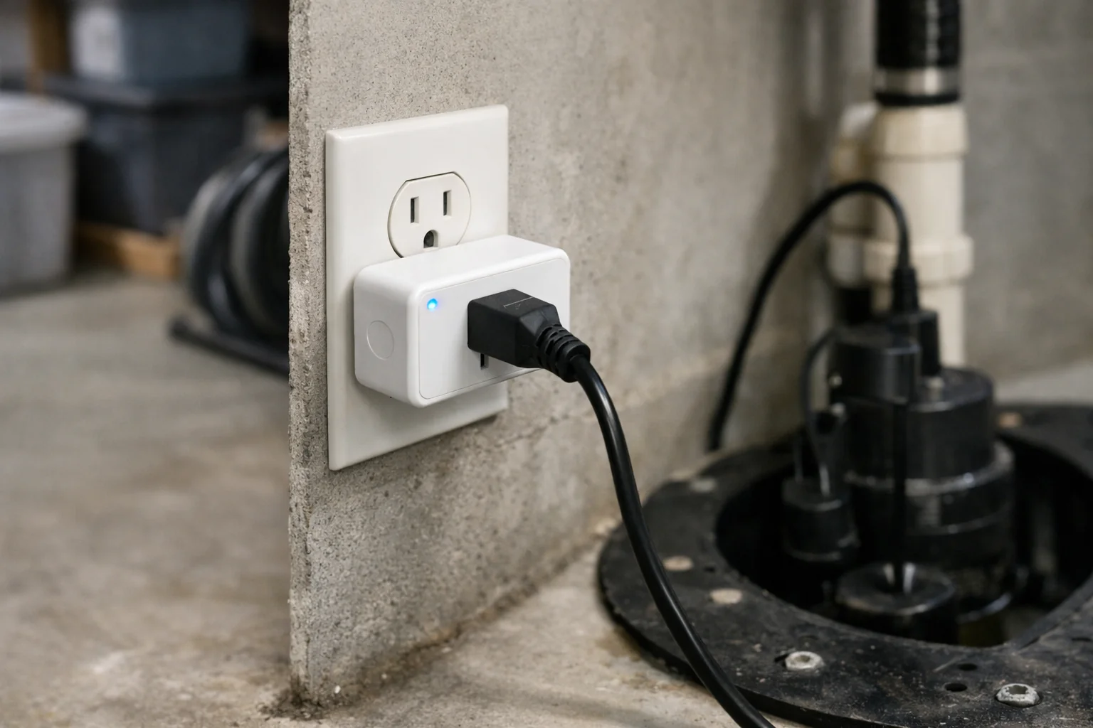 Editorial illustration of a compact smart plug in use in a home outlet