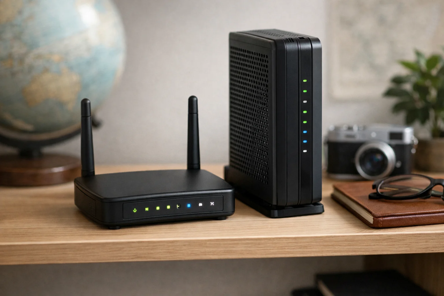 Editorial illustration of a home Wi-Fi router and modem setup